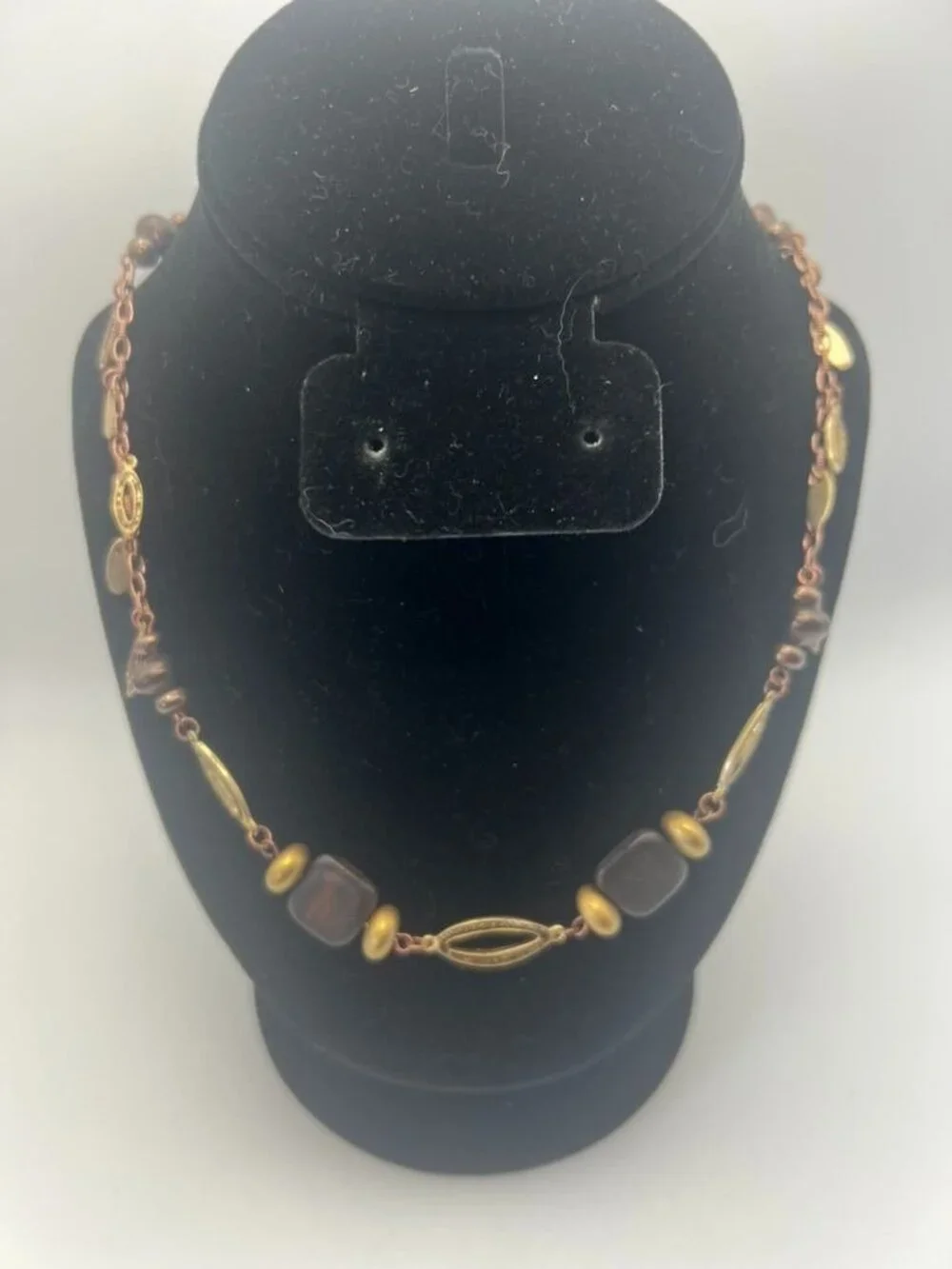 Vintage Coldwater Creek Necklace Wood Bead Brass Filigree Leaf Charm